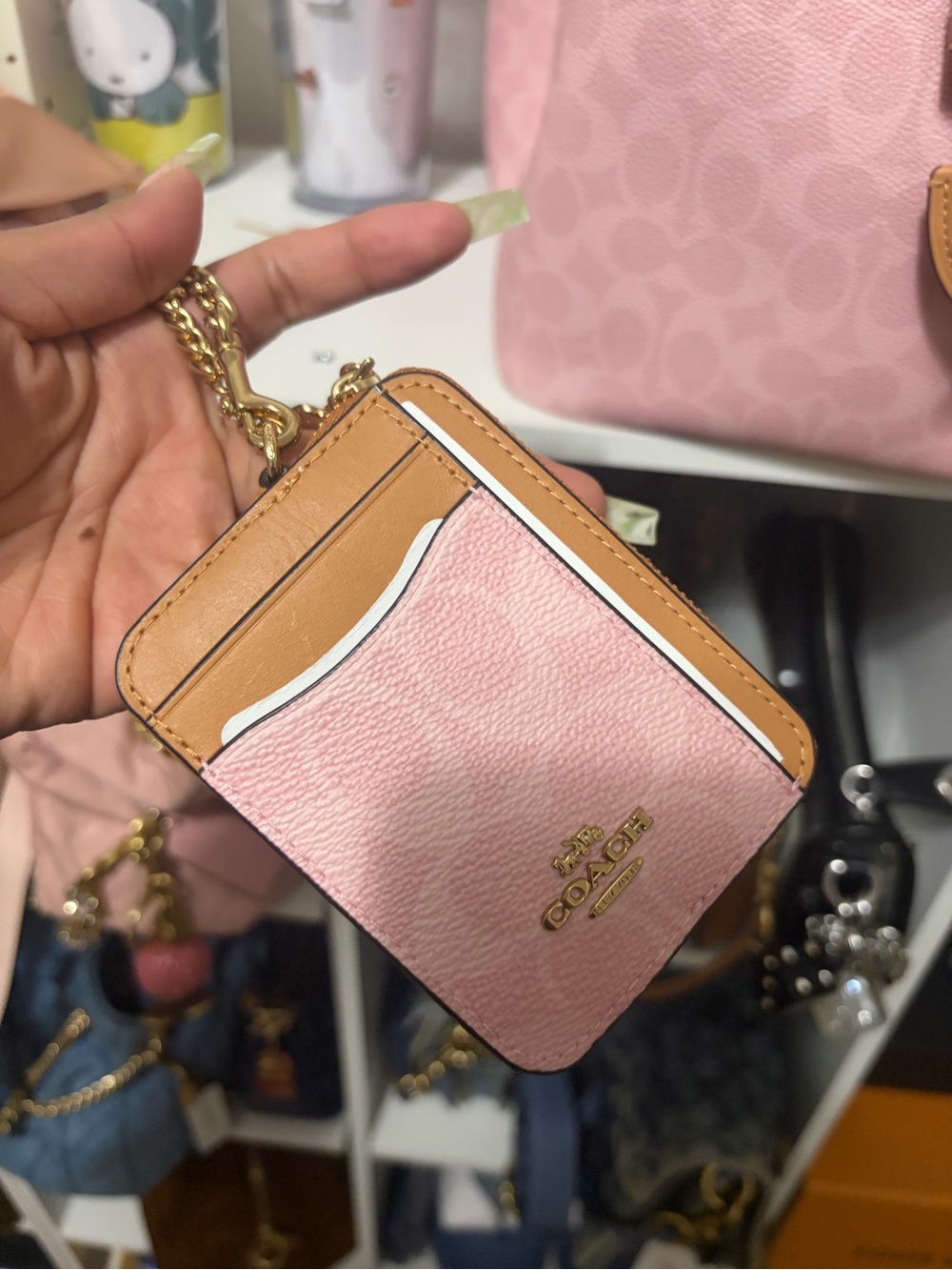 Coach Powder Pink and Tan Leather Card Case with Gold Chain